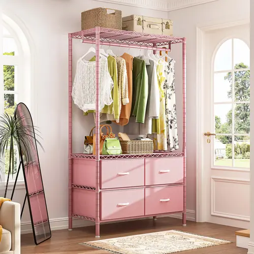 Raybee Heavy Duty Metal Wardrobe Storage Rack, 184LBS Capacity, Adjustable Legs with 4 Adjustable Feet to Level It, Rod Height Suits Coats, 4 Drawers for Hats, DIY Portable with Shelves (Pink, Gray)