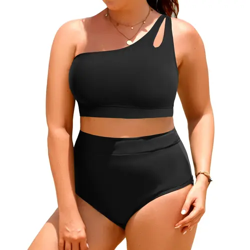 Tempt Me Womens Plus Size High Waisted Bikini Two Piece One Shoulder Swimsuit Keyhole Bathing Suits