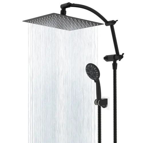 Hibbent All Metal Shower Head,10'' High Pressure Rain Shower Head/Handheld Showerhead Combo with 16'' Adjustable Arc-shaped Shower Extension Arm, 7-Spray, 71'' Hose Adhesive Showerhead Holder,, Bathroom, Rainfall Shower Head