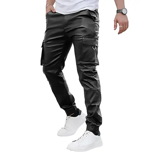 GINGTTO Men's Faux Leather Cargo Pants Casual Multi Pocket Techwear Jogger Streetwear Pants