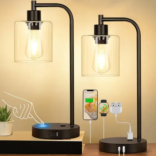 Nintiue Set of 2 Industrial Touch Control Table Lamps - 3-Way Dimmable Black Lamps with USB C+A Ports, AC Outlet, Glass Shade, 2 LED Bulbs - Decorative Aesthetic Home Decor Room Decor for Bedroom Living Room