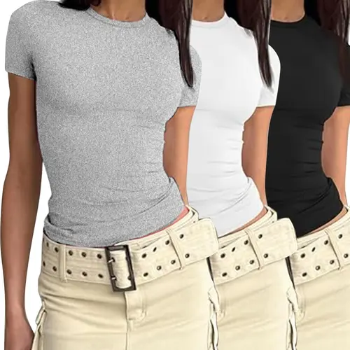 Women's 3pcs Plain Round Neck Lounge Tees, Casual Minimalist Short Sleeve Knitting T-shirt, Breathable Fabric, Ideal for Casual Everyday Wear, Ladies Basic Sleepwear, Womenswear, Tops