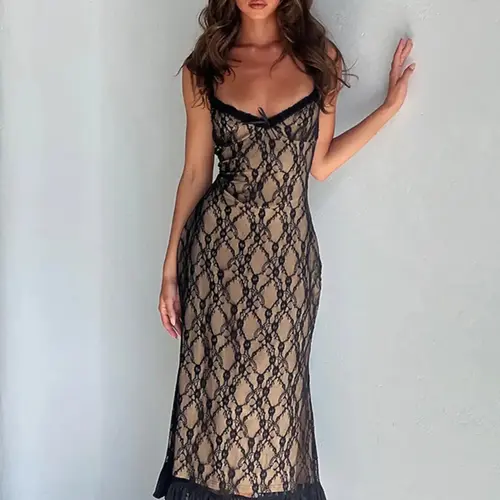 Lace Splicing Geometric Sleeveless Bodycon Fit Slip Dress Solid Color Backless Elegant Vacation Party Club Long Dresses For Women