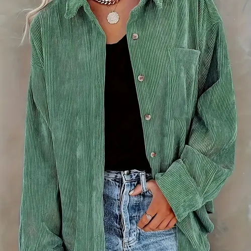 Women's Corduroy Lightweight Button Collared Blouse Shirt With Pocket, Long Sleeve Loose Fit Oversize Drop Shoulder Casual Everyday Style For Spring & Fall