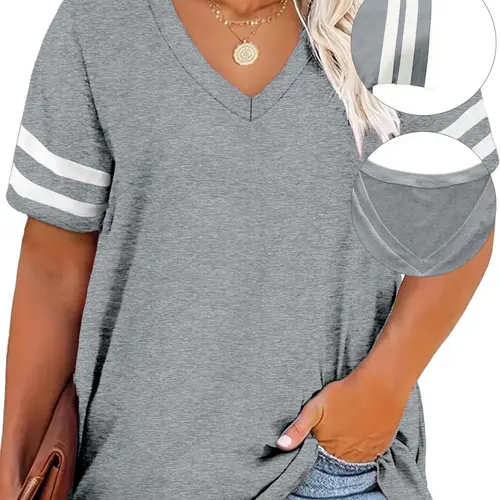 Plus Size Contrast Striped Print V Neck Tee, Casual Fit Short Sleeve T-shirt for Summer, Women's Plus Clothing for Daily Wear, Everyday Cute Tops