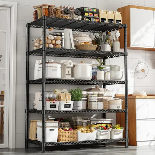 Raybee 5-Tier Adjustable Metal Storage Shelf Utility Racks - Heavy-Duty Expandable Rectangular Clever Storage Organiser, Freestanding 25kg Capacity Rack with Easy-Carry Tiers for Kitchen & Pantry Use