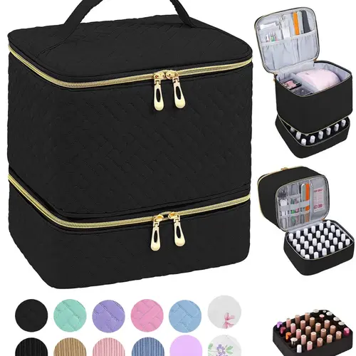 Double Layer Quilted Nail Polish Storage Bag, Portable Nail Art Organizer, Cosmetic Storage Zipper Makeup Organizer Pouch, Makeup Containers Multifunctional Bag for Women & Girls (bag Only)