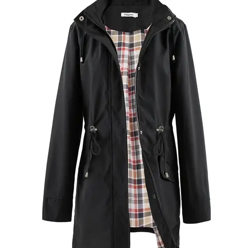 Women's Solid-Color Hooded Windbreaker Jacket, Drawstring Waist, Zip & Button Closure, Waterproof Long-Sleeve Casual Coat for Spring & Fall, Daily Wear