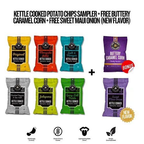 Pop Daddy Kettle Cooked Potato Chips Sampler Pack + BUTTERY CARAMEL CORN (BONUS!!) + SWEET MAUI ONION (NEW FLAVOR!!) | 8 pack