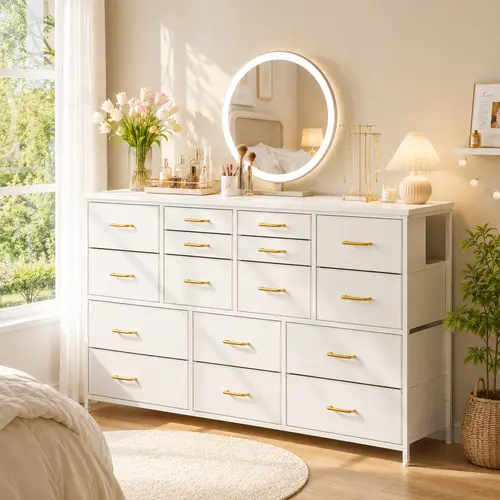 【Dealsforyoudays】Raybee 51" Bedroom Dresser Furniture - 16 Drawers, Sturdy Heavy-Duty Metal Frame, Wood Top, Modern Multifunctional TV Stand, Large-Capacity Storage Organization, Home Organization Storage, Room Decor, Living Room Decor