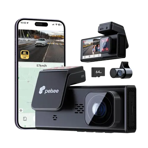 Pelsee P2 Trio 3 Channel 4K Dual Dash Cam, 4K+1080P+1080P Front & Inside & Rear, IR Night Vision, Built-in Wi-Fi, Voice Control, GPS, 24H Parking Mode, Free 64GB Card, Dashcam For Cars, Driving Camera, Gps Dashboard Camera