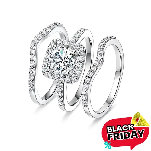 GEMSME Female 1.5CT Gold-Plated Brass Cubic Zirconia 3-in-1 Halo Ring Stack - Engagement & Wedding Ring Sets, Gift with Free Return R-0969, Brass Base