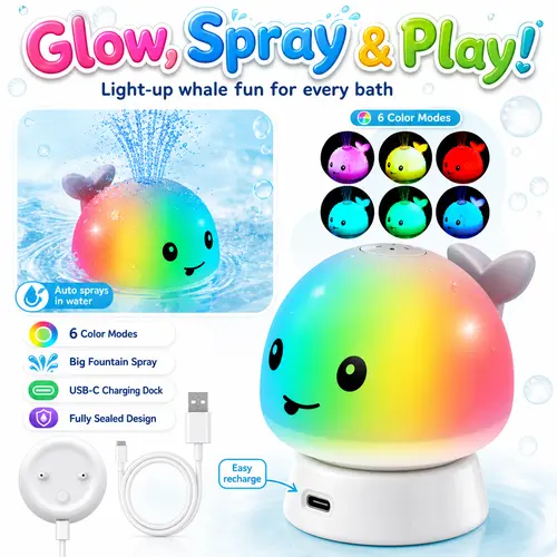 Gigilli Whale Bath Toy with USB-C Charging Dock - IPX8 Fully Sealed ABS Plastic Light-Up Spray, Rechargeable No-Battery Gentle Fountain for Toddlers 1-3, Fun Cool Gifts for Kids