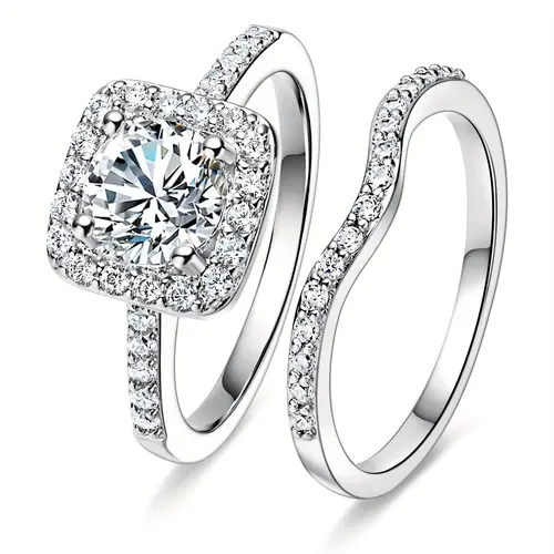 GEMSME 1.5CT Round Cut Imitation Diamond 2-in-1 Halo Wedding Ring Set - Women's Engagement Ring, Halo Wedding Band, Jewelry for Mother's Day Birthday Gift R-0959