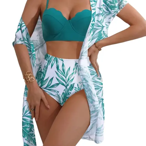 Women's Leaf Print Swimsuit Set, Beachwear Swimsuit, Boho Spaghetti Strap Push Up Swim Bikini Tops & Cover Up & High Waist Panty, Bikini Sets, Boho Style Summer Beach Swimwear Set, Fashion Beachwear Swimwear
