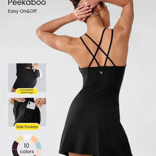 GLOWMODE FeatherFit-Air Peekaboo Square Neck Pocket Anti-Slip Active Mini Dress With Built-In Shorts Light Support Low Impact Spring Dress Summer Dress