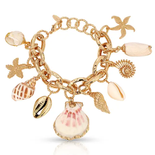 Ettika Mermaid Tears Bracelet – 18K Gold Plated Seashell & Starfish Charm Bracelet, Adjustable 7–8.5” Ocean Beach Jewelry for Women