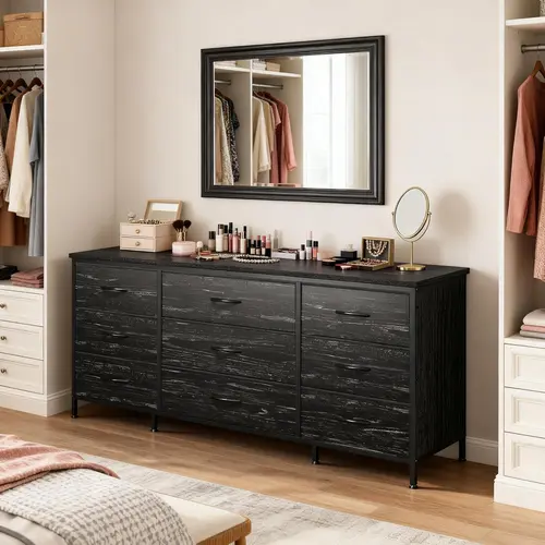 Dresser for Bedroom & Living Room, TV Stand with 9 Drawers For 55’‘~60’‘ inches TV, Entertainment Center with Sturdy Metal Frame & Wood Top,Wide Chest of Drawers for Closet,Closet