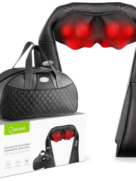 Cotsoco Shiatsu Neck and Back Massager with Heat, Ergonomic 16 Deep Kneading 3D Nodes Electric Massager for Neck Shoulder & Full Body Muscle Relief, Premium PU Leather Home & Car Use Gifts for Men & Women