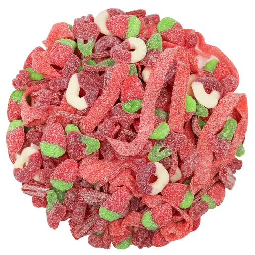 SOUR RED MIX GUMMY CANDY 2LB BAG , GUMMY BEARS , GUMMY RINGS , STRAWBERRY GUMMY , CANDY BELTS , CANDY LACE , CANDY TWISTS . Sweet Tangy Gummies Bonbon Sugar Snack