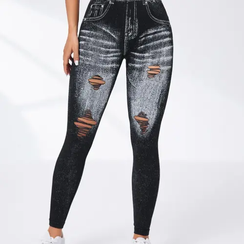 Women's Denim-Effect Print High Waist Activewear Sports Stretchy Leggings, High Waisted Sportswear Tight Leggings Casual Comfy Cut Out Skinny Pants for Yoga Gym Workout Running, Ladies Sportswear Bottoms for All Seasons