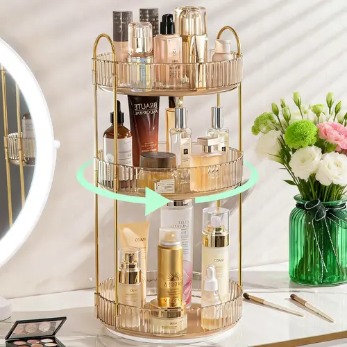 RaybeeFurniture Gold 360° Rotating Makeup Organizer - 2-3 Tier Space Saving, Durable, Sturdy Storage Organizer for Vanity Countertop, Skincare, Perfume Display, Modern Home Decor, Bathroom Holder, Women's Holiday Gift