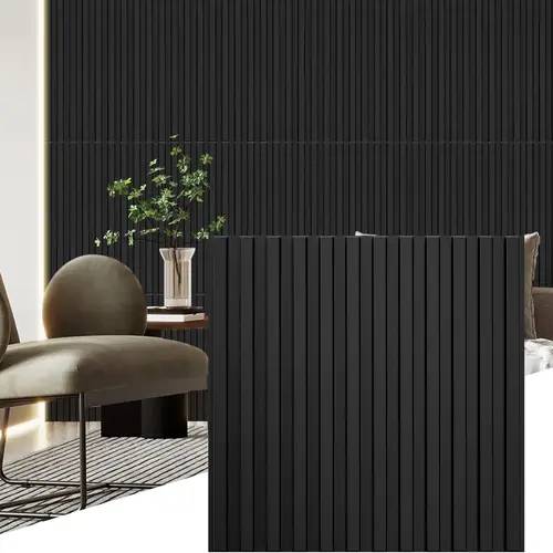 STICKGOO 12 Pcs 3D Slat Wall Panels, 19.7" x 19.7" Main String Wall Panels, Decorative PVC Wall Tiles, 3D Textured Wall Panels for Interior Wall Decor, 32 Sq.Ft - Black