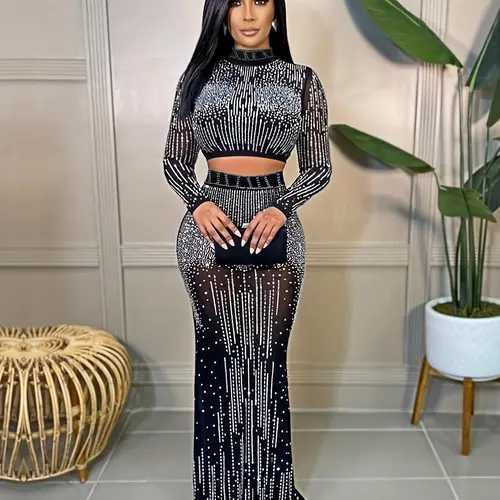 Women's Sexy Glitter Rhinestone Sheer Crop Top & Bodycon Skirt Set, Long Sleeve Mock Neck Top & Maxi Skirt Set for Party Club Dating, Ladies Summer Clothes, Womenswear