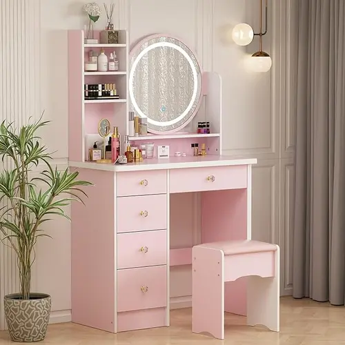 FUFU&GAGA Upgraded Particle Board Makeup Vanity Desk Set - 5 Drawers, Light Shelf, Round Mirror, Cushioned Stool, Organized Storage, Lights Included, Requires Assembly, Single Seat