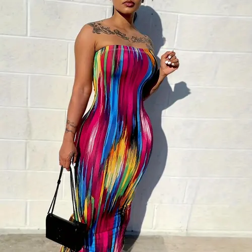 Women's All Over Print Backless Strapless Split Hem Stretchy Polyester Bodycon Dress, Fashion Casual Sleeveless Long Tube Dress for Summer, Women's Clothing for Club Party, Dresses for Party