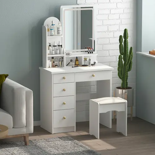 FUFU&GAGA LED Lights Illuminated Makeup Vanity Set - Wood Dressing Table with Drawer, Shelf, Jewelry Organizer for Girls, Illuminated Makeup Vanities, Led Powered Vanity