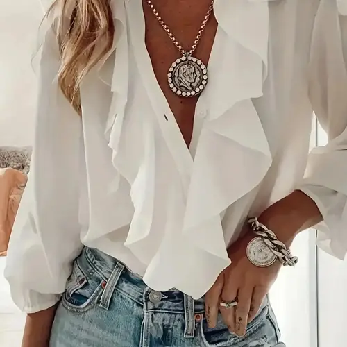 Women's Plain Ruffle Trim Button Front Chiffon Blouse, Fitted Elegant Chic Long Sleeve V Neck Top for Spring & Fall, Ladies Clothes for Daily Wear