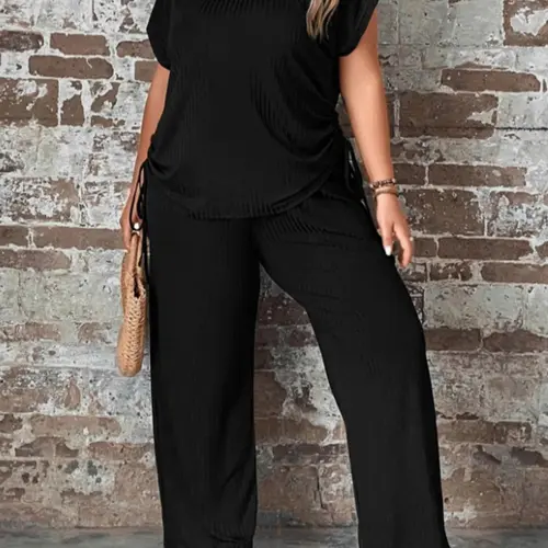 [Plus Size] Women's Plain Basic Minimalist Medium Fitted Two-Piece Set, Casual Drawstring Batwing Tee & Wide Leg Pants, Women's Plus Outfits for Summer, Summer Outfits 2024, Womenswear, Clothes, Changeable Outfit Set