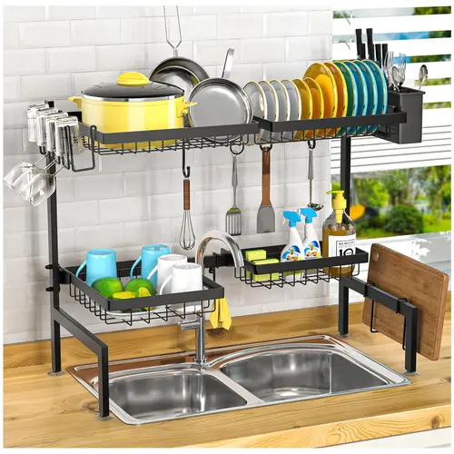 Contemporary Oversink Dish Drying Rack - Rectangular Mount Organizer Stand, 2-Tier Multi-Tiered Unit with 4 Baskets, Adjustable Height 24.8"-35.4", Draining Boards, Cutting Board & Utensil Holder, Oversink Dish Drying Rack Draining Boards