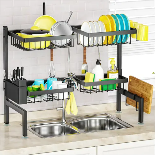 Over-the-Sink Kitchen Dish Drying Rack - Adjustable Organiser, Expandable 2-Tier 4-Basket (24.8"-35.4" Size), Multi Functional Organizer, Holds Plates Cups Tools, Save Floor & Counter, Modern Design