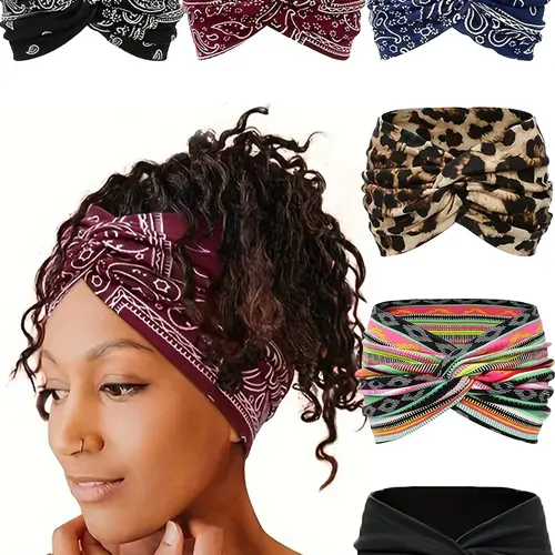 Stylish crossover bohemian hair bands with leopard prints, elastic, Stretchy Headbands, comfortable, non-pinching, anti-slip wide-band, zigzag boho headbands women fashion headbands Hairbands