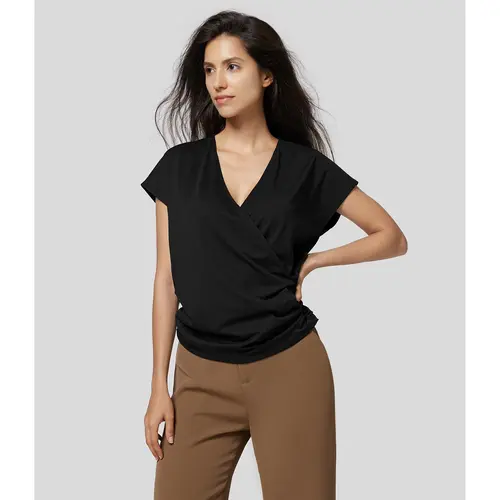 Halara V Neck Cap Sleeve Crossover Ruched Solid Work Blouse #BackToSchool