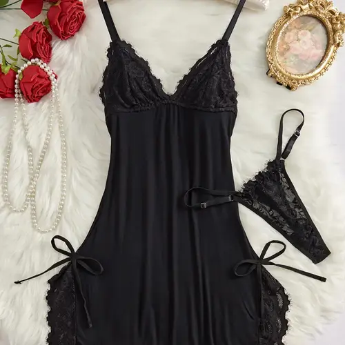 Women's Bow Decor Contrast Lace Spaghetti Strap Cami Fitted Knit Nightdress & Thong Set, Comfy Soft Sexy Underwear Lingerie for All Seasons, Fashion Ladies Sleepwear & Homewear Loungewear
