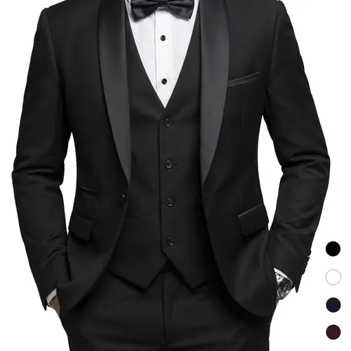 YND Menswear Long Sleeve 3-Piece Slim Fit Tuxedo Set - 1-Button Shawl Collar Solid Jacket, Vest, Pants with Bow Tie, Formal Wear for Formal Occasions, Wedding Matching Outfit
