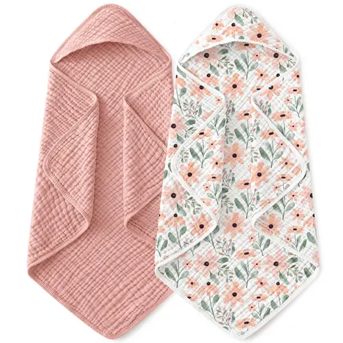 Yoofoss Hooded Bath Towels for Babies, 2-Pack 100% Muslin Cotton 32x32 in Soft & Absorbent for Newborns & Toddlers, Cloth, Care