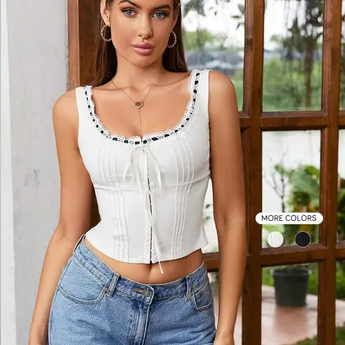 Women's Lace Trim Tie Front Hook & Eye Crop Tank Top, Elegance Casual Fit Scoop Neck Backless Sleeveless Top for Summer, Ladies Clothes for Daily Wear