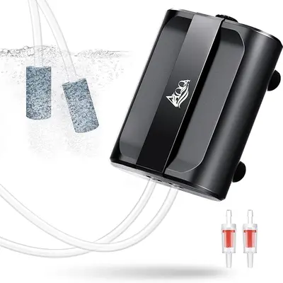 AQQA Aquarium Air Pump, 3.5W/5W Dual Outlet Oxygen Bubbler with 2 Air Stones, Adjustable Valve, Aquarium Supplies for Up to 160-Gal Fish Tanks