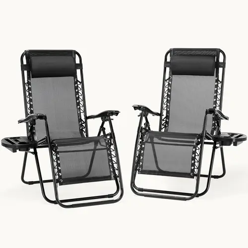 Sweetcrispy Set of 2 Outdoor Zero Gravity Lounge Chairs - Portable Adjustable Reclining Chair Sunloungers with Cup Holder Trays, Adjustable Pillow for Backyard Pool, Patio Camping