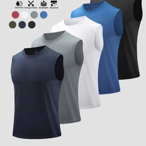 3/5 Piece set Men's Pack Sporty Fitted Sleeveless Tops, Workout Sleeveless Activewear, Athletic Apparel Tops, Sports Tank Top, Sporty Vest, Breathable Stretch Quick-Dry, Ideal for Summer Running, Outdoor Workouts, Basketball Training, Fitness, Marathon