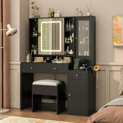 Mother's Day Gift Modern Luxury Makeup Vanity Desk Set with Sliding Mirror & Lights, Charging Station, 2 Drawers, 2 Doors, Ample Storage Shelves, Cushioned Stool - Black/White Furniture for Home Organization (TikTok Campaign)