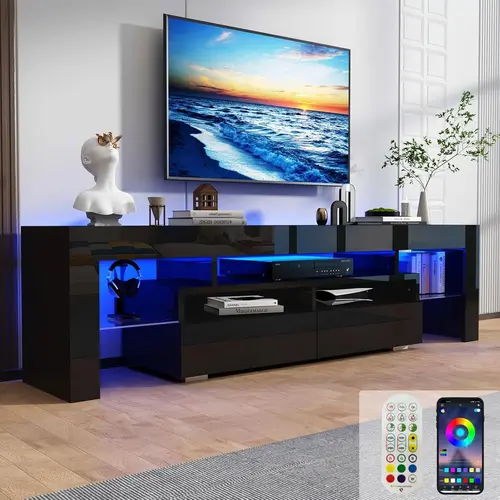LED TV Stand for 65/75/85/90/100 inch TV, High Glossy Modern Entertainment Center with Drawer and Open Shelf, Television Table Center Media Console for Living Room, Black/White