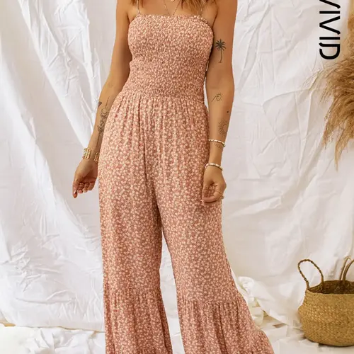 Women's Ditsy Floral Print Shirred Ruffle Hem Wide Leg Cami Lightweight Jumpsuit, Boho Tie Shoulder Sleeveless Jumpsuit for Beach Holiday Vacation, Ladies Summer Clothes, Floral Print Jumpsuits