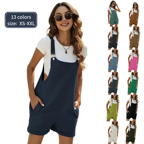 SCUSTY Cotton Linen Short Overalls Casual Summer Bib Shorts Rompers with Pockets