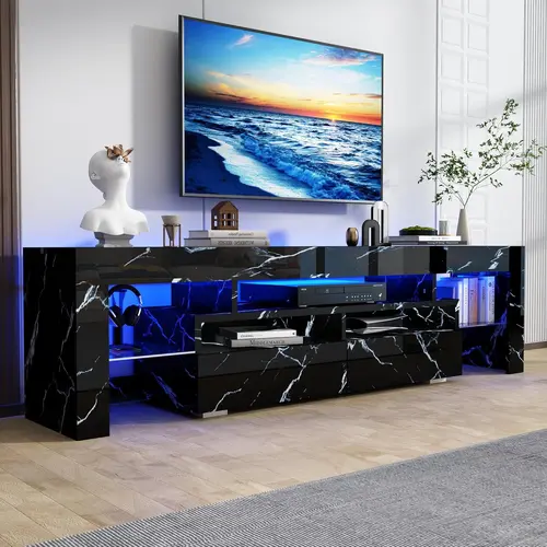 70in LED TV Stand for 75/80 inch TV, High Glossy Modern Entertainment Center with Drawer and Open Shelf, Television Table Center Media Console for Living Room, White/Black/Marble Black