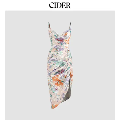 Cider Illusion Floral Ruched Cowl Neck Midi Dress SohoChic